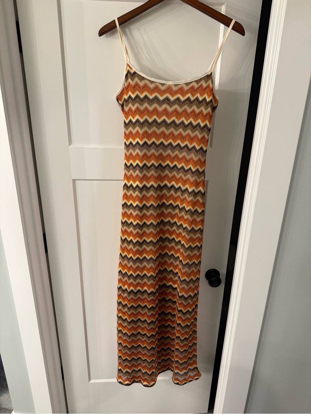 Cupshe Spaghetti-Strap Chevron Maxi Dress in Orange, Brown, Cream
